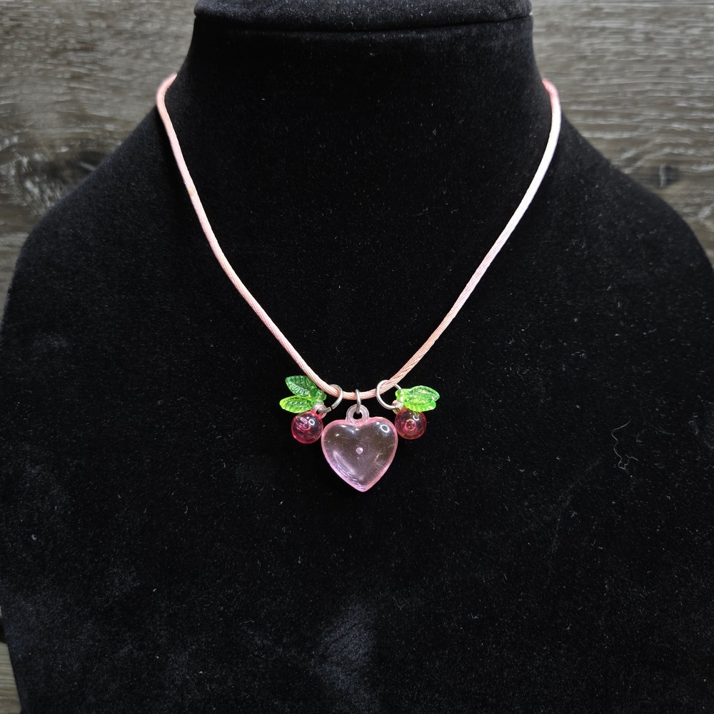 Vintage Y2K Pink Glass Heart Cherry Charm Cord Necklace Plastic Clasp 16.5"
